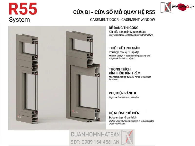 CỬA ĐI – CỬA SỔ MỞ QUAY HỆ R55